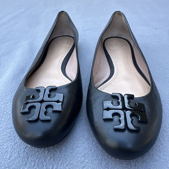 Tory Burch Lowell 2 Leather Ballet Flats Womens Size 7M Black Logo - Picture 2 of 9
